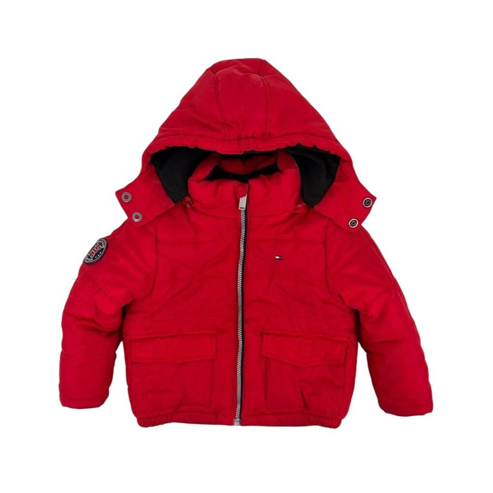Tommy Hilfiger Hooded Red Puffer Jacket Youth Size 4 Logo Winter Zip-Up Casual